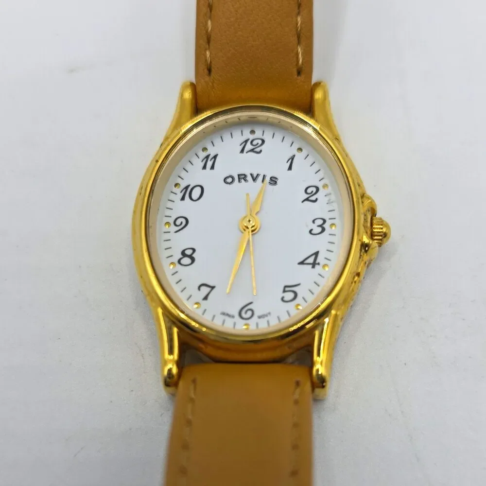 Orvis Quartz White Dial Oval 24mm Gold Tone Watch, OR4G8C, Leather Strap, 100ft